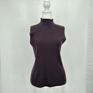 INC International Knit Sleeveless Mock Neck Pullover Top L Merino Wool Brown